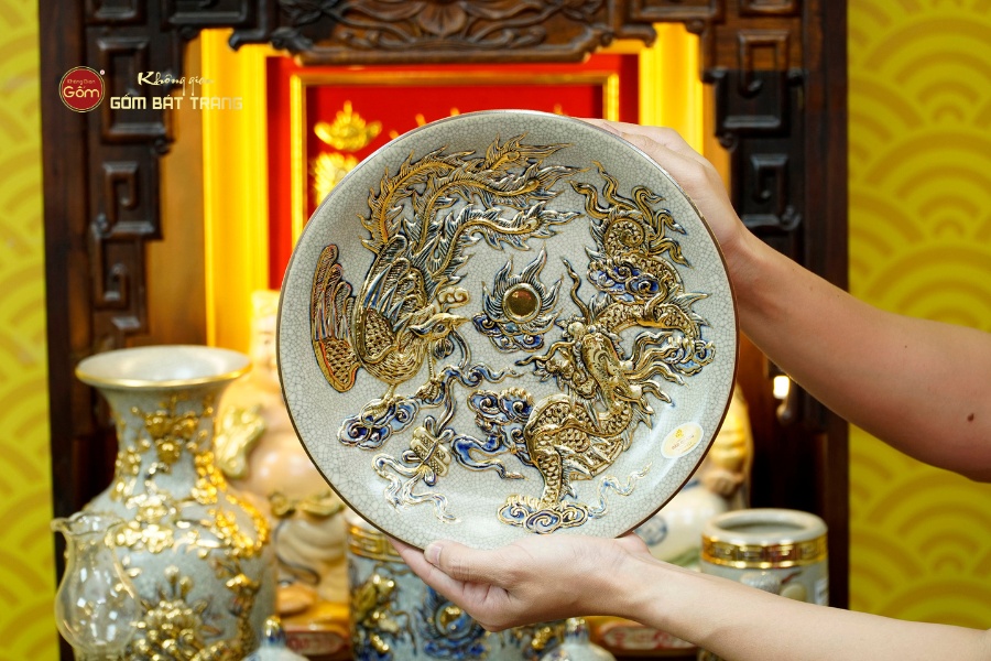 Mâm bồng men rạn vẽ vàng