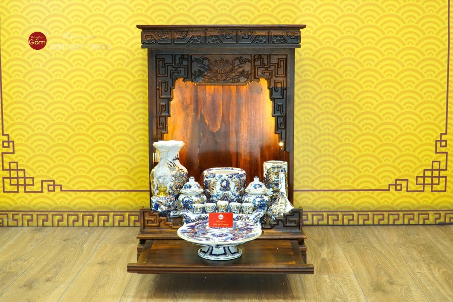 [Set Cơ Bản] Bộ Đồ Thờ Thần Tài Thổ Địa Men Lam Vẽ Vàng (9 món)