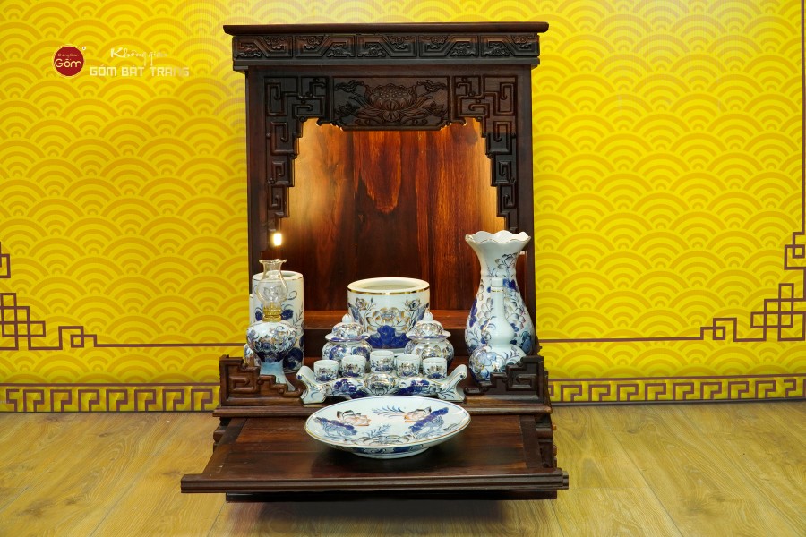 [Set Cơ Bản] Bộ Đồ Thờ Thần Tài Thổ Địa Men Lam Vẽ Vàng (9 món)