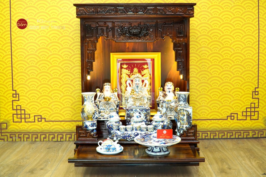 [Set Hào Gia] Bộ Đồ Thờ Thần Tài Thổ Địa Men Lam Nổi Vẽ Vàng (14 món)