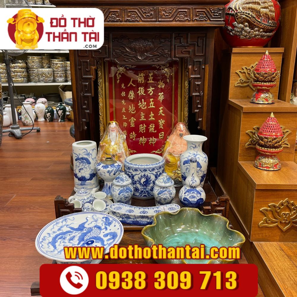 Bộ đồ thờ Thần Tài Thổ Địa men lam