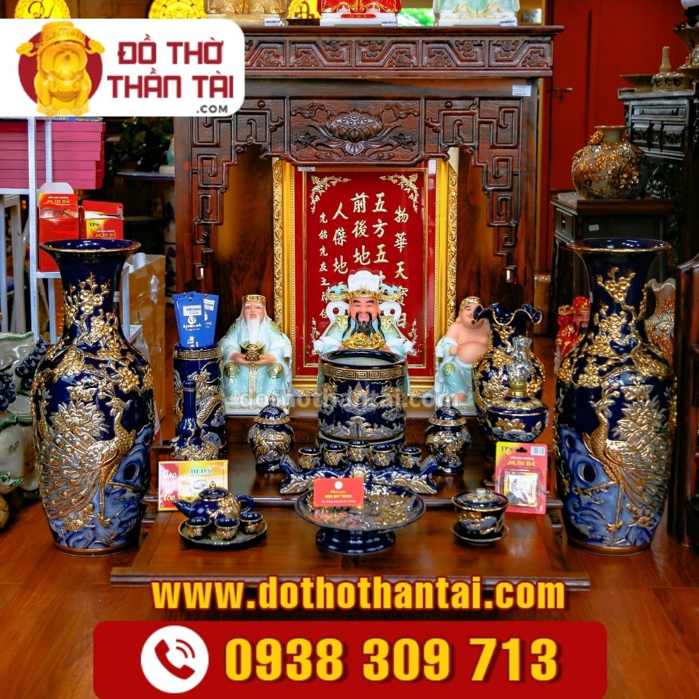 Bộ đồ thờ Thần Tài Thổ Địa men xanh dương