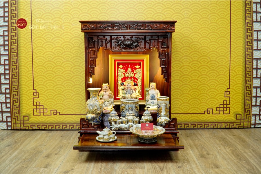 Bộ đồ thờ Thần Tài Thổ Địa men Rạn vẽ vàng
